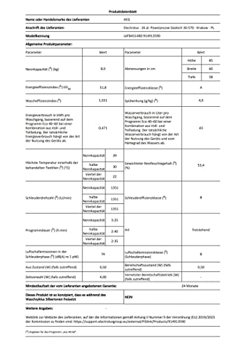 AEG Series 6000 L6FBA51480 washing machine Front-load 8 kg 1400 RPM White