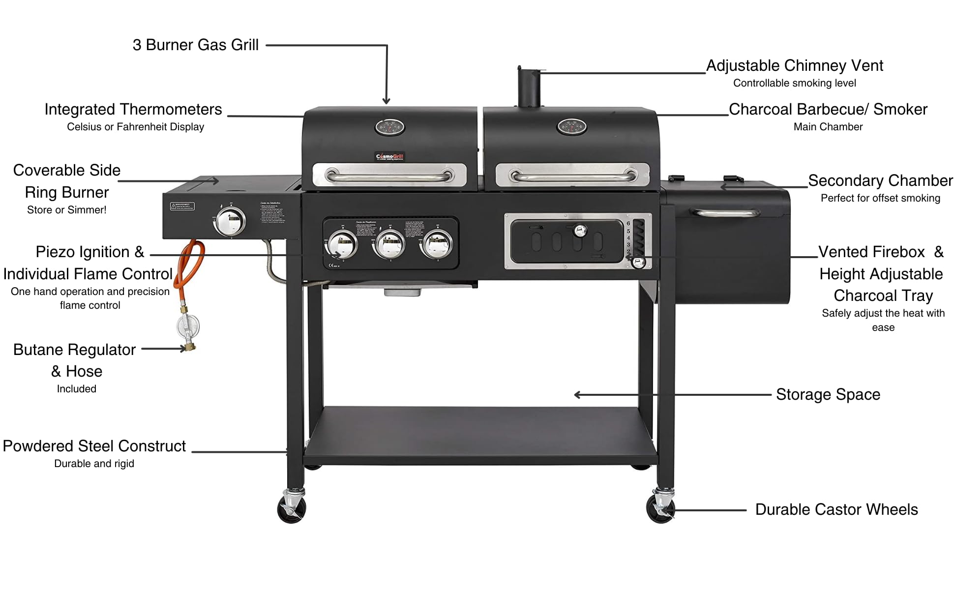 CosmoGrill Hybrid 4 Burner Barbecue with Waterproof Cover