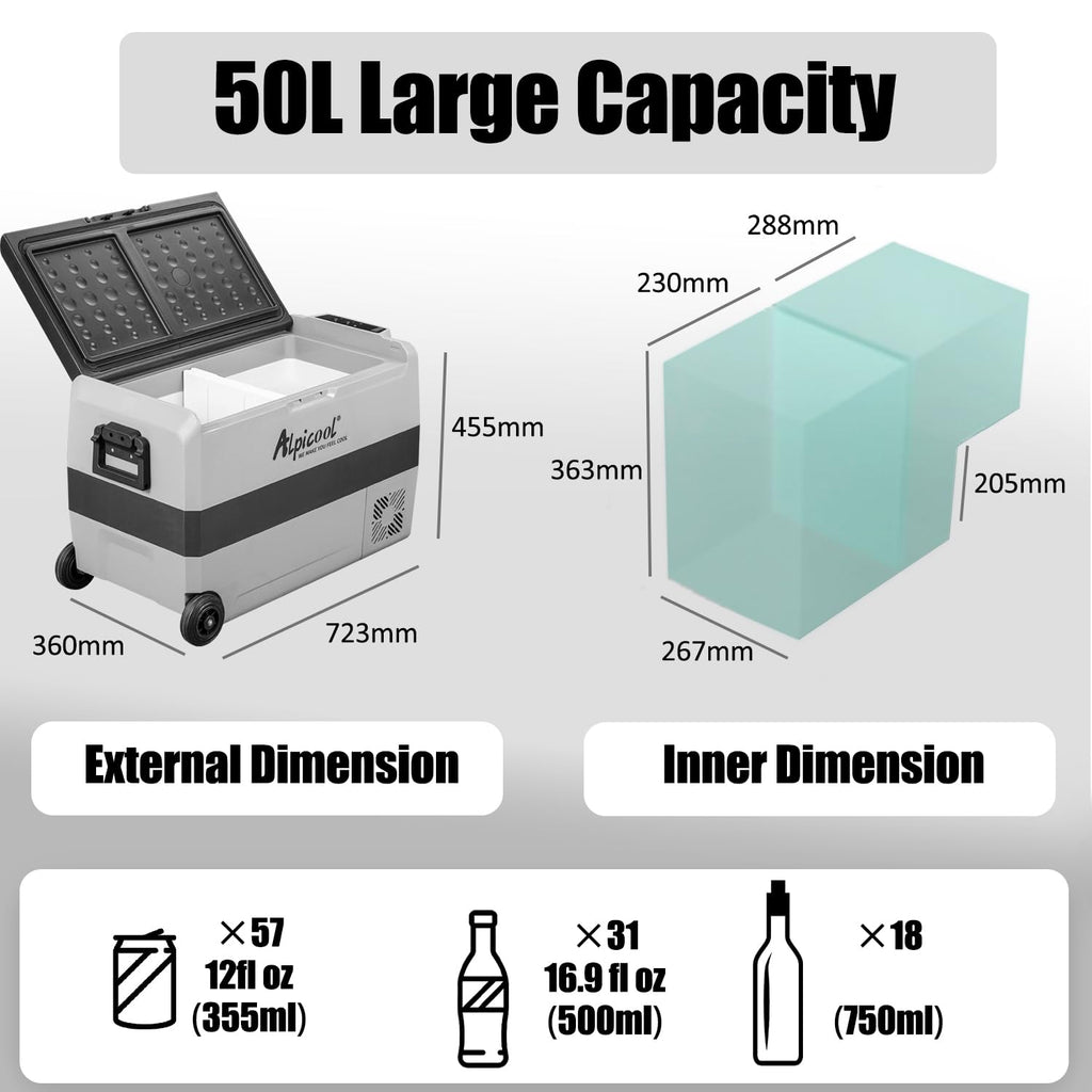 Alpicool T50 50L Compressor Car Refrigerator, Portable Camping Fridge DC 12v Freezer for TruckCampervanRVBoat
